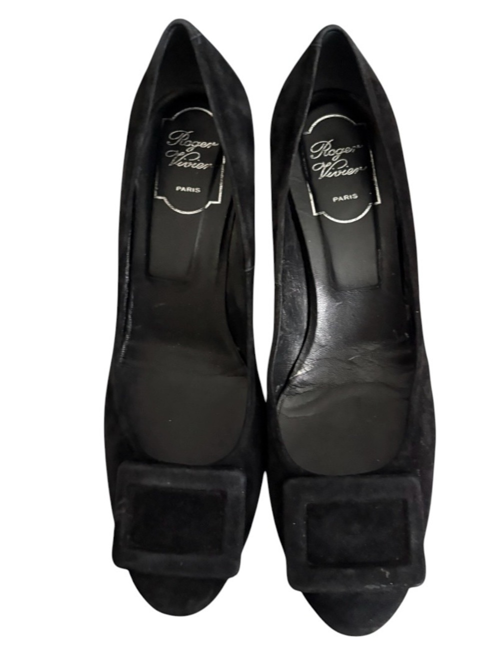 Black Women's Suede Square-Toe Pumps with Decorative Buckle